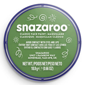 Snazaroo face paint container with green lid and white label on a white background