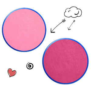 Two pink face paints by snazaroo with blue borders, a cloud, a heart, and a spiral on a white background.