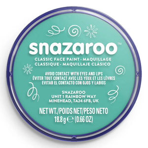 Snazaroo teal face paint container with lid and white label on a white background