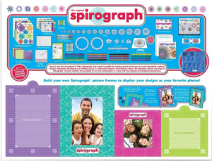 Spirograph set with various tools and frames on a blue background