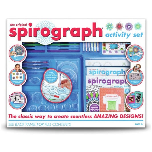 Spirograph activity set packaging with colorful design examples on a white background