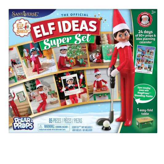 Elf on the Shelf Polar Props Super Set box packaging with an elf in red and white clothes on the front 