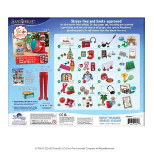 Back of a elf on the shelf-themed toy set packaging with illustrations and text.