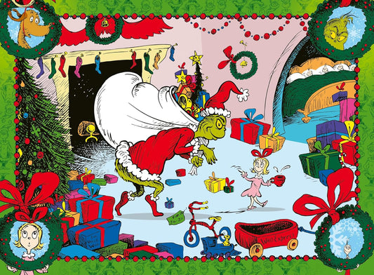 Jigsaw of a festive scene with the Grinch, and other characters around a fireplace.