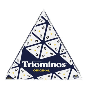 Triominos Original game set in a triangular packaging on a white background
