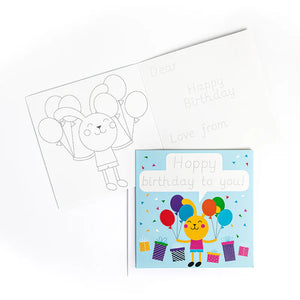 Two birthday cards with cartoon characters and balloons and traceable text on a white background