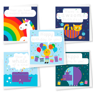 Set of colorful birthday cards with traceable text and various animals