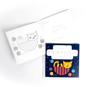 Greeting card with traceable text and a cat design and a completed card with a cat and text on a white background