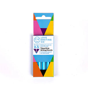 Pack of Love Writing Co. writing pencils with colorful packaging on a white background