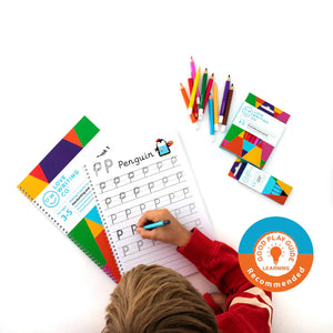 Child writing with a coloring book and crayons on a white background, featuring Good Play Guide Learning logo.