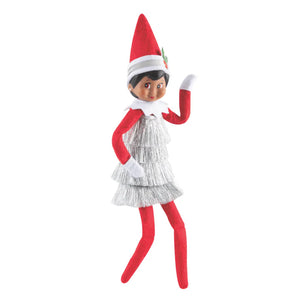 The Elf on the Shelf wearing the Tiny Tinsel Dress in sparkling silver on a white background