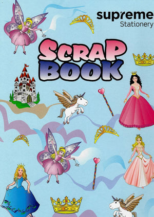 A children's scrapbook book cover titled 'Scrap Book' with princess, fairy, unicorn, castle, wand, tiara, and crown illustrations on a light blue background. The brand name 'supreme stationery' appears at the top right.