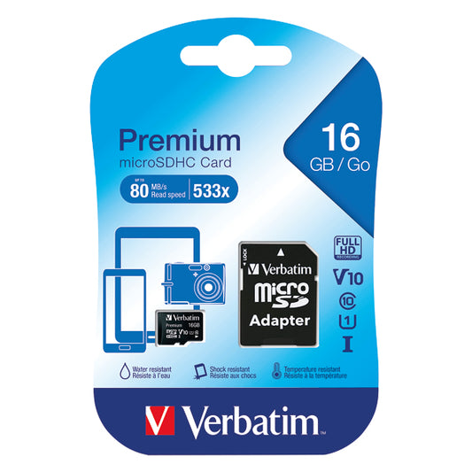 Verbatim Micro SDHC Memory Card Class 10 16GB with Adaptor 44082