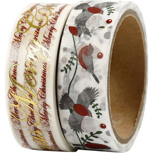 Two rolls of decorative tape with Christmas designs on a white background