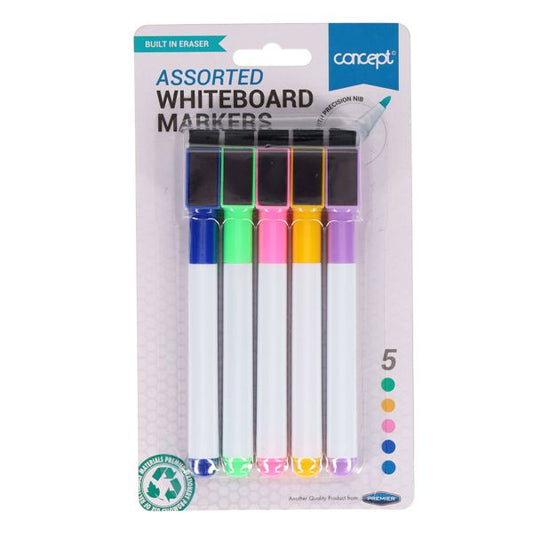 5 Drywipe Markers With Eraser Lid - Coloured