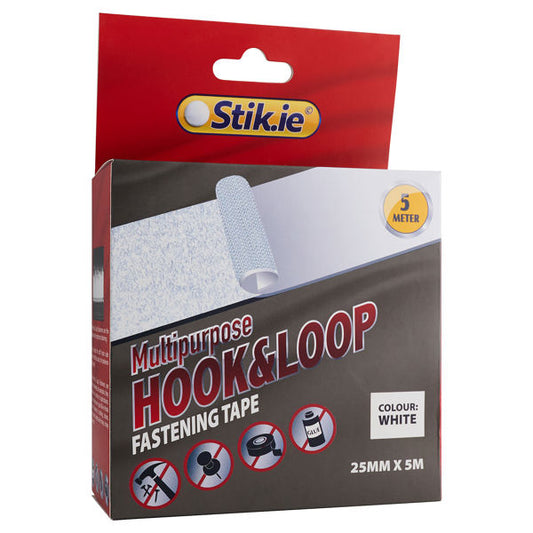 Stik-ie 5mx25mm Roll Hook & Loop Fastening Tape - White