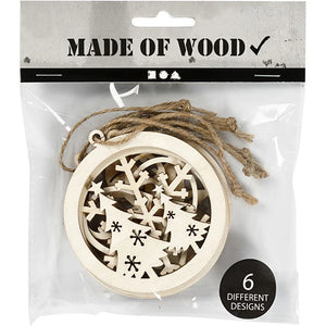 Wooden Christmas ornament with cut-out designs in packaging labeled 'Made of Wood'.