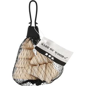 Net bag with wooden blocks and a label indicating 'Made of Wood' on a white background