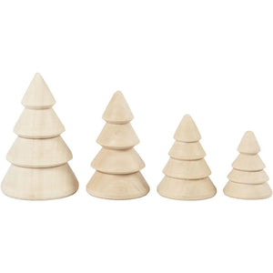 Four wooden Christmas tree figurines on a white background