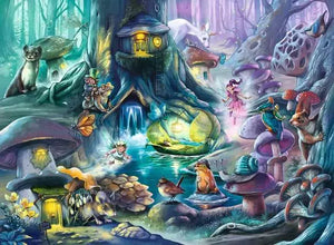 Fantasy forest jigsaw with magical creatures and glowing lights