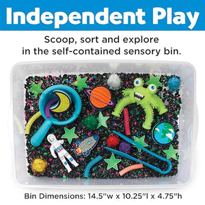 Sensory bin with colorful toys and text about independent play