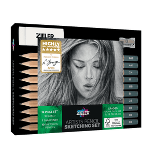Zieler artists pencil sketching set packaging with pencils and tools on a white background
