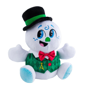 Plush Snowman with a top hat, green vest, and red bow tie on a white background