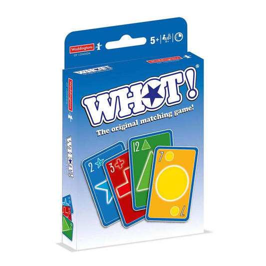 Card game packaging of 'WHOT!' with colorful cards on a white background