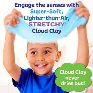 Child playing with stretchy blue cloud clay against a white background