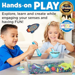 Two children playing with a sensory bin filled with colorful materials, surrounded by educational toys and text about hands-on play.