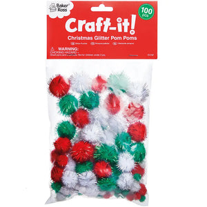 Glitter Pom Poms - Christmas Colours (Pack of 100)
