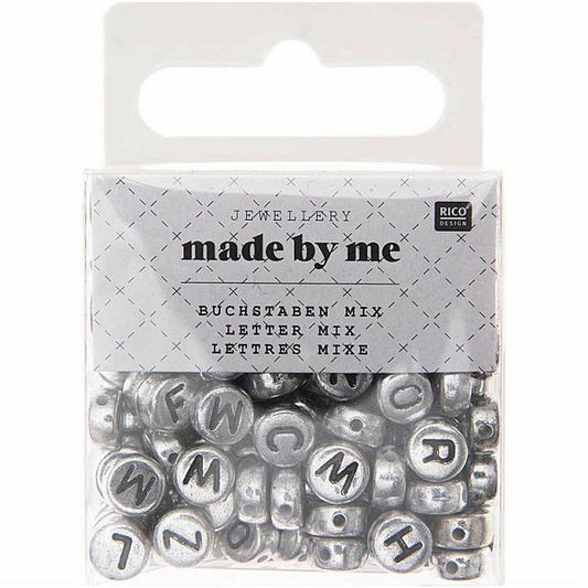 LETTERS MIX, ROUND, SILVER BEADS