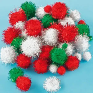 Glitter Pom Poms - Christmas Colours (Pack of 100)