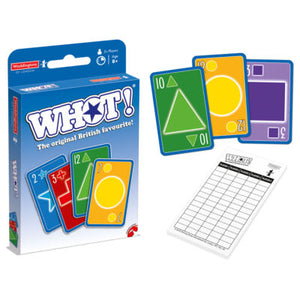 Card game 'WHOT!' with packaging, cards, and score sheet on a white background