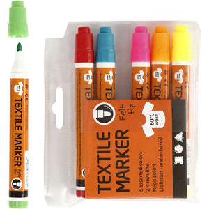 Textile Markers, neon colours, line 2-4 mm, 6 pc/