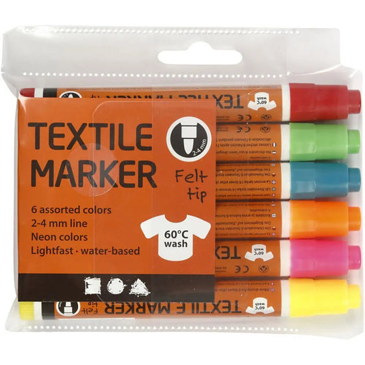 Textile Markers, neon colours, line 2-4 mm, 6 pc/