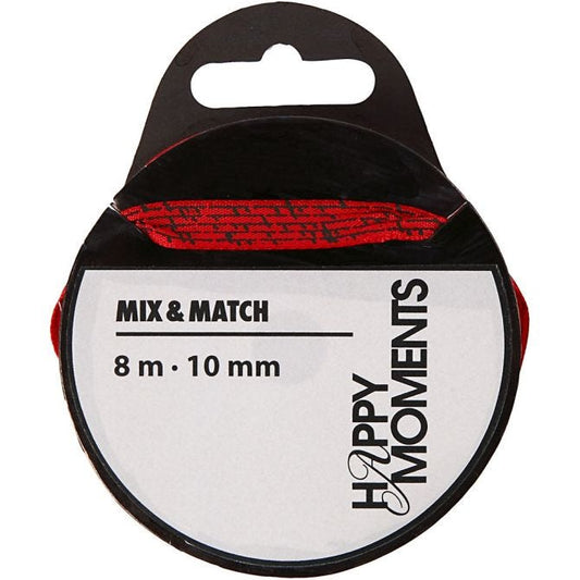 Satin Ribbon With Print, W: 10mm, Red, 8 M, 1 Rol
