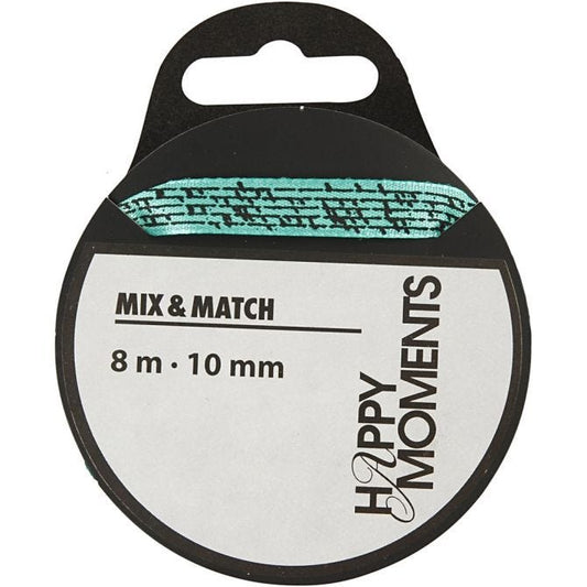 Satin Ribbon With Print, W: 10mm, Light Turquoise