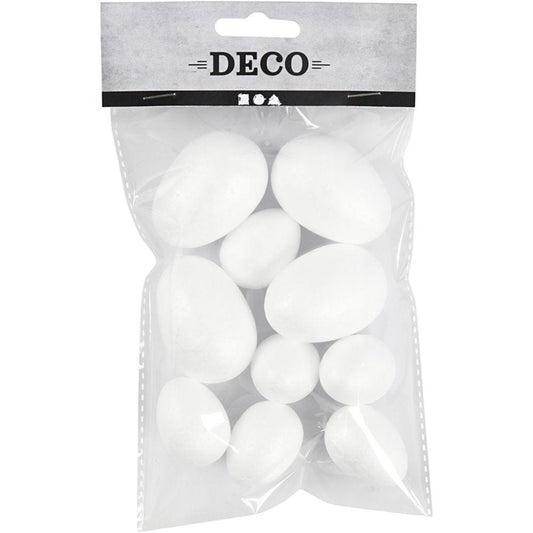 Polystyrene Eggs, white, H: 35+48 mm,10pc