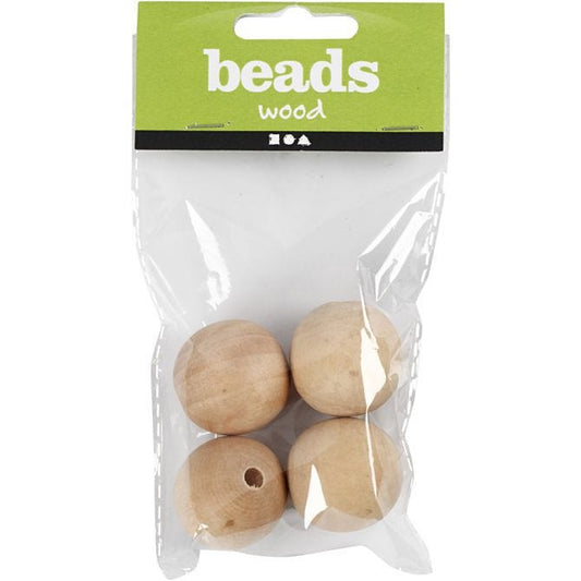 Wooden Bead, D: 30 mm, hole size 5 mm, 4 pc/ 1 pac