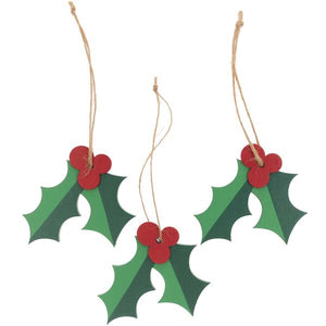 HOLLY TAGS, WOOD, GREEN-RED 3 PCS, 20 x 21 mm -