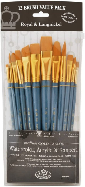 12 Piece Gold Taklon Flat Variety Brush Set